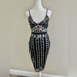 Express Womens Sz XS Black Silver Sequin Spaghetti Strap V Neck Dress New